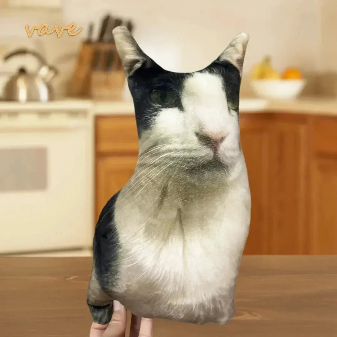 Cat-shaped pillow with a photo-print of a black and white cat face; plush DIY pet cushion