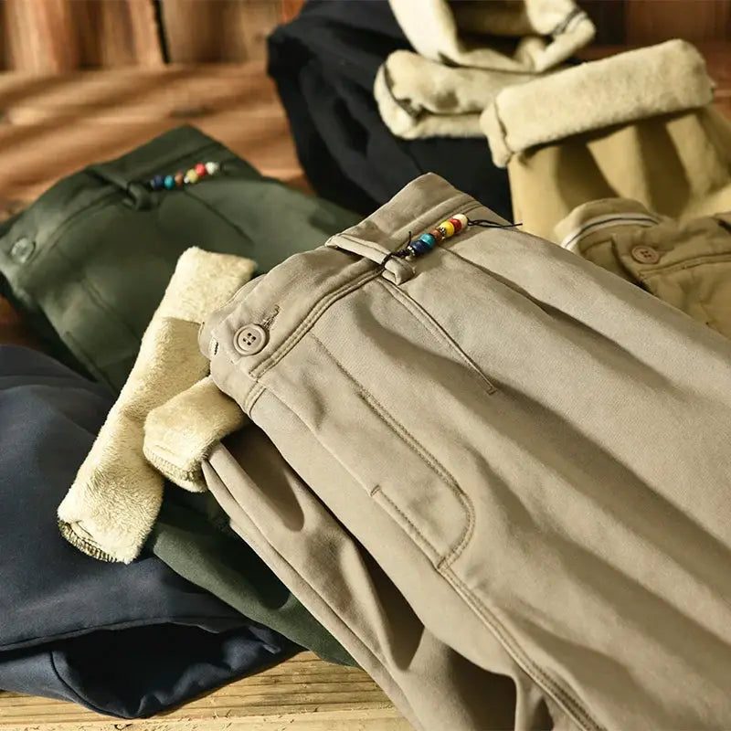 HIQOR 2025 men's winter pants in khaki with fleece lining, casual safari-style work pants by Simples Market