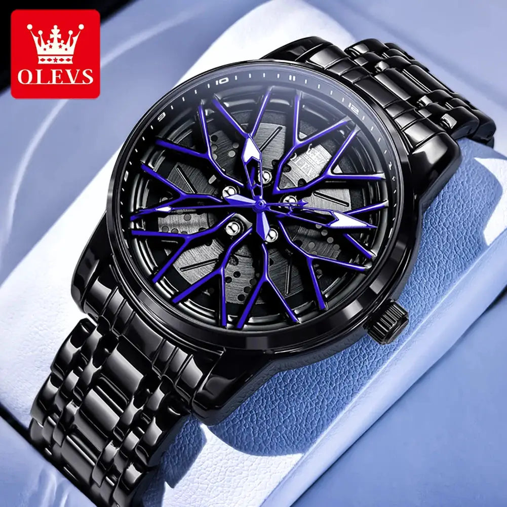 OLEVS men's skeleton dial watch with blue lattice accents, black stainless steel bracelet, 30M water resistant