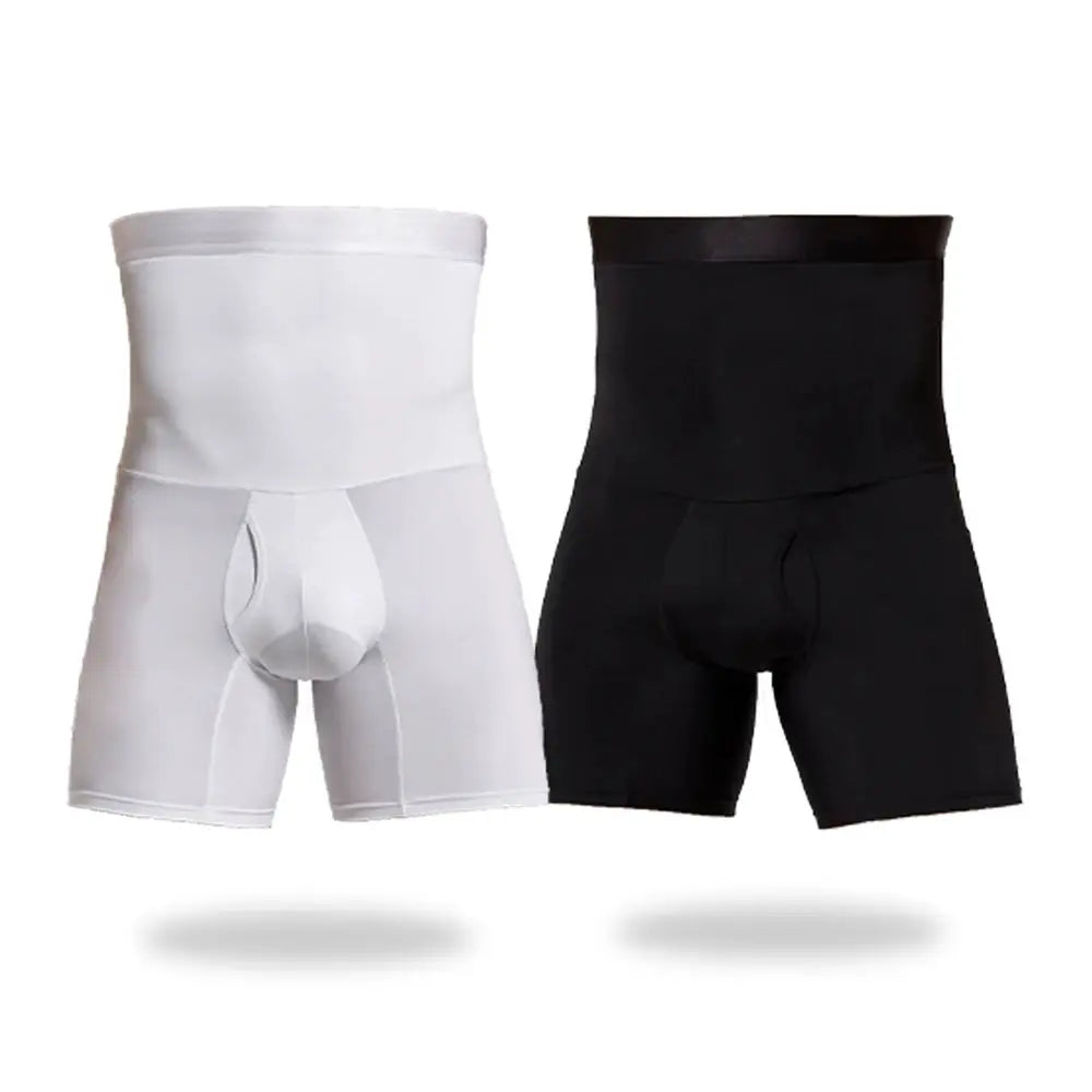 Men's tummy-control compression shorts, high-waist shapewear, white and black 2-pack