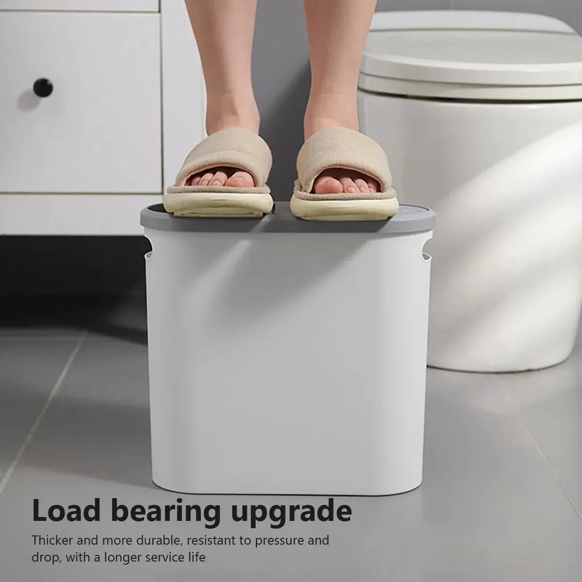 Bathroom trash can with lid by Simples Market, large-capacity gray plastic bin with a press-type lid.