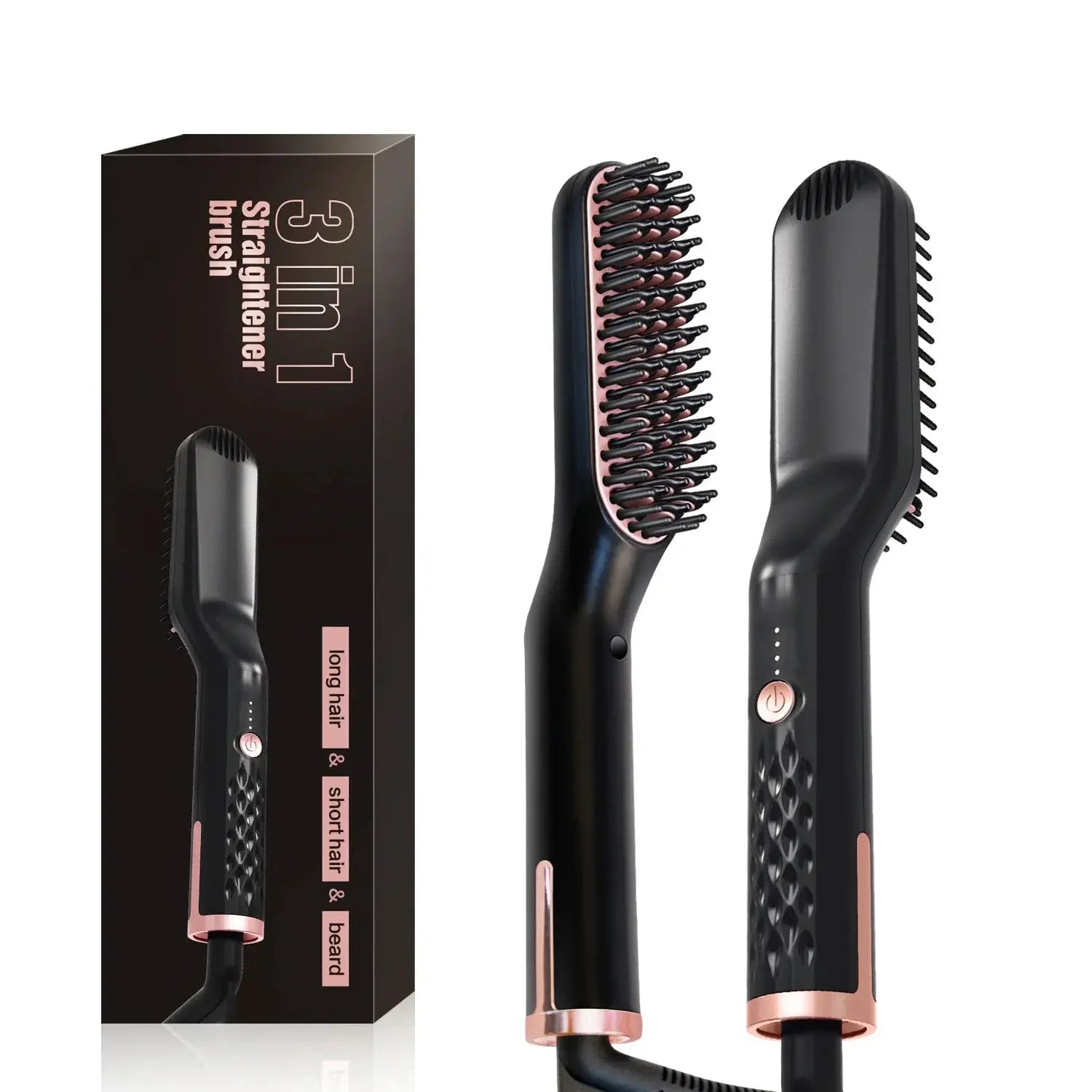 Men's electric beard straightener brush by Simples Market, 3-in-1 wet/dry styling, black with rose-gold accents