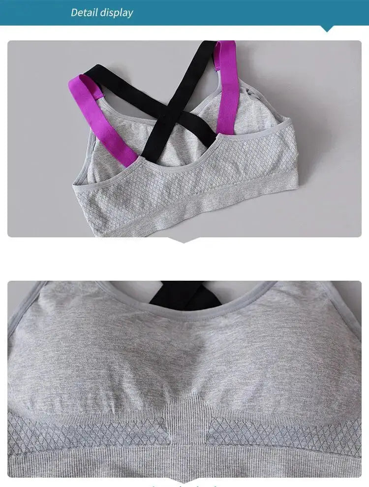 Color-blocked cross-back sports bra in gray with purple and black straps.