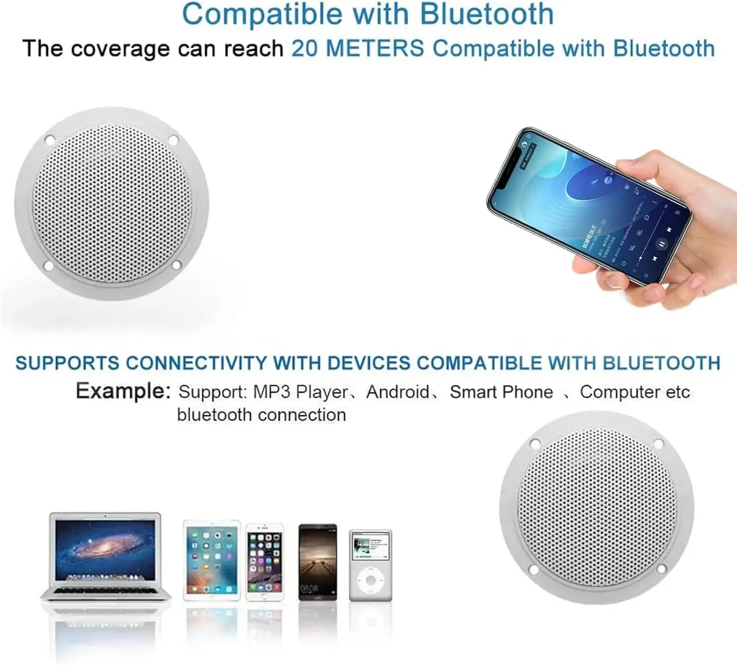 Ceiling speaker, round white with perforated grille; Bluetooth-enabled 4-inch, 160W indoor use