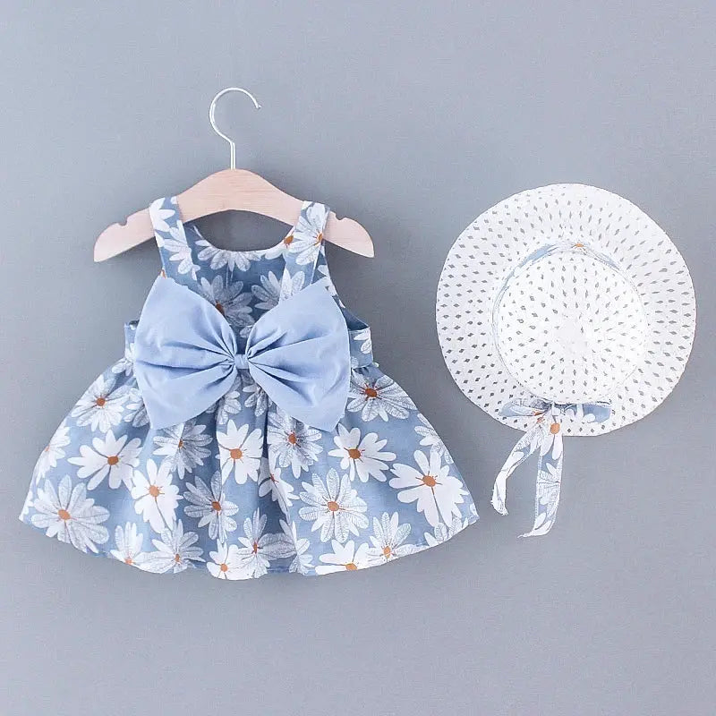 Baby Girl Summer Dress With Bow And Daisy Print Suspender Beach Outfit Hat Included Cute Casual Clothes