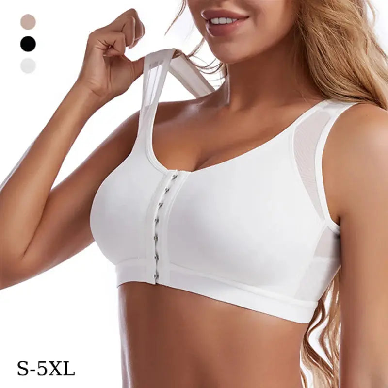 White front-closure lift-up bra with push-up cups and mesh side panels, cross-back design, sizes S–5XL
