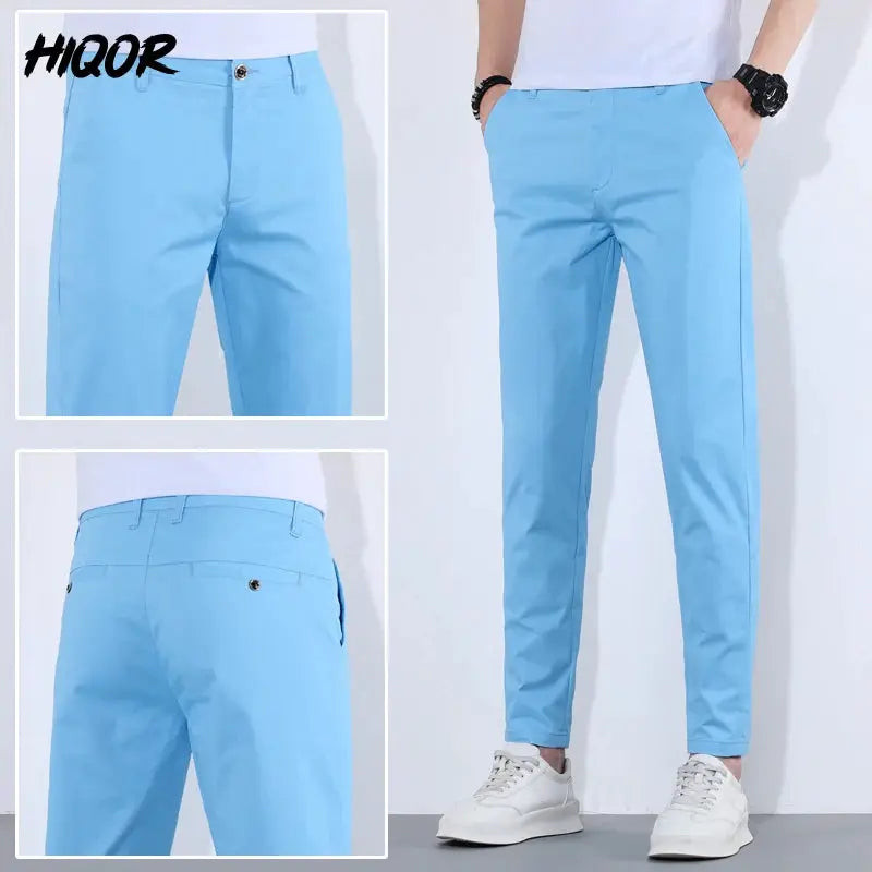 HIQOR men's light-blue cotton casual pants; breathable long trousers with pockets, Simples Market.