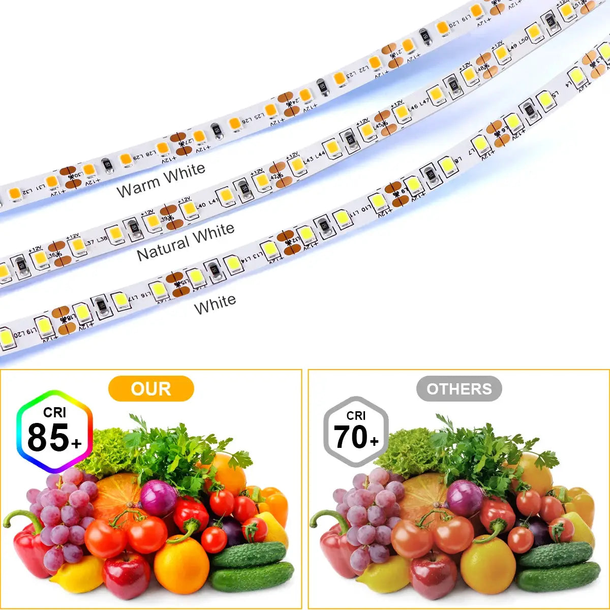 Dupont COB/2835SMD LED strip light trio; 12V flexible tape by Simples Market with warm, natural, and white LEDs.