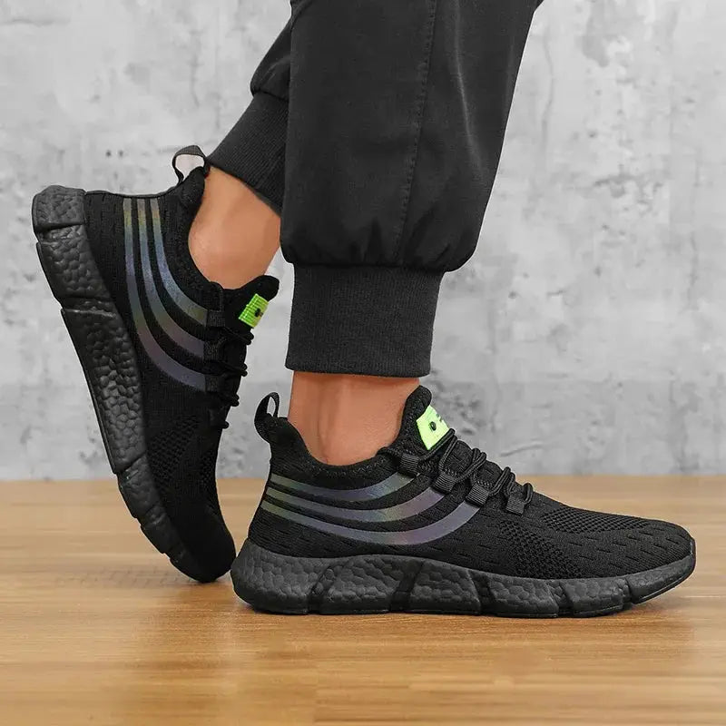 Men's Simples Market casual sports sneakers, black breathable mesh with iridescent stripes and a neon green tag