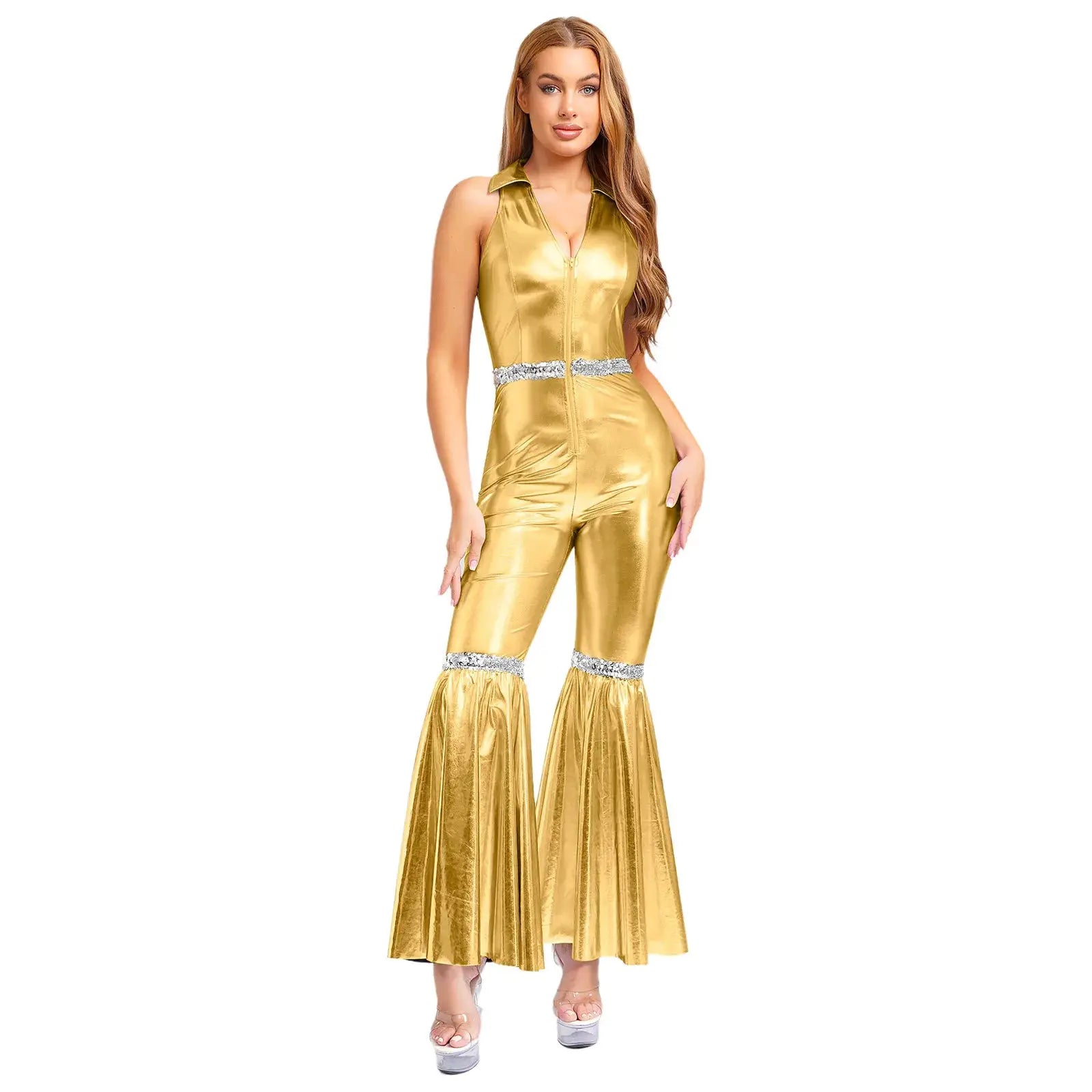 Simples Market gold metallic disco jumpsuit with sleeveless V-neck, front zipper, lapel, sequined belt, flared pants.