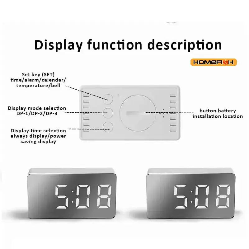 White LED Mirror Table Clock With Snooze Display Time Night Light USB Alarm Clock For Desktop Home Decor