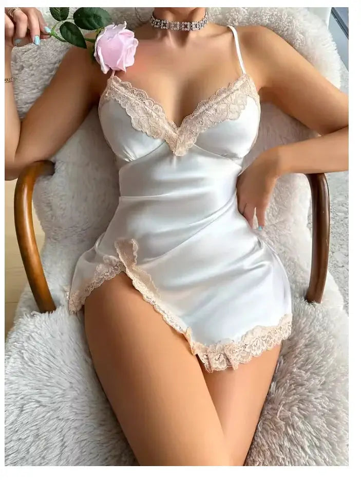 Lace Trim Leopard Print Nightdress V Neck Backless Slip Sleep Dress With Side Split For Summer Comfort