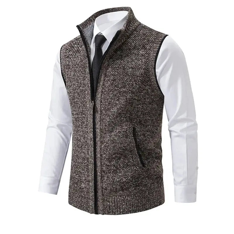 Men's knitted sleeveless zipper vest in brown heather knit with stand collar, by Simples Market.