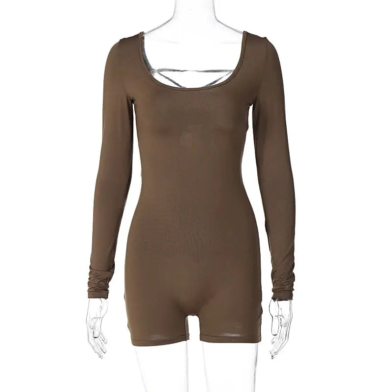 Hugcitar long-sleeve brown solid playsuit for party wear