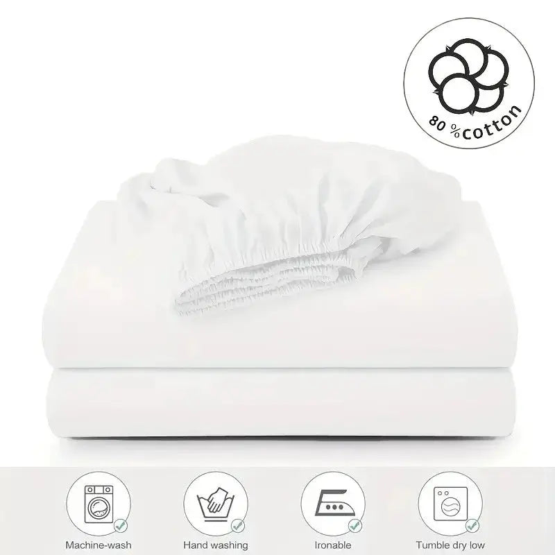 1pc white cotton fitted sheet with 30cm deep pocket, breathable.