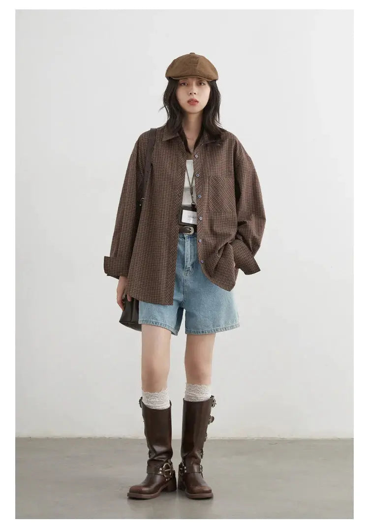 CHIC VEN Women Shirt loose casual brown plaid, single-breasted; worn with denim shorts.