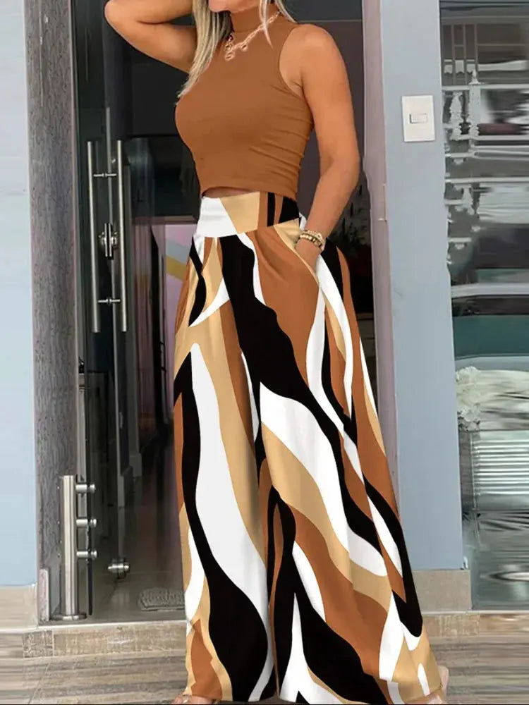 Summer Print Two Piece Set Women Sleeveless Tank Top Wide Leg Pants