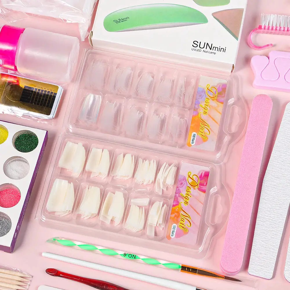 Simples Market nail art kit with acrylic powder, liquid monomer, 3D nail tips, crystal glitter accents and carving tools