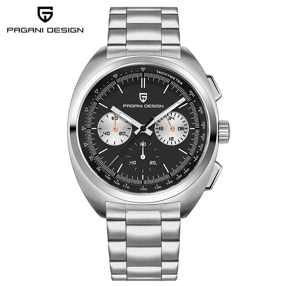Pagani Design chronograph watch with stainless steel bracelet and black dial
