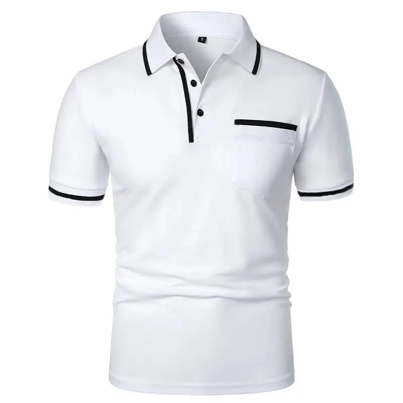Simples Market men's white polo shirt with black trim, short sleeves, chest pocket