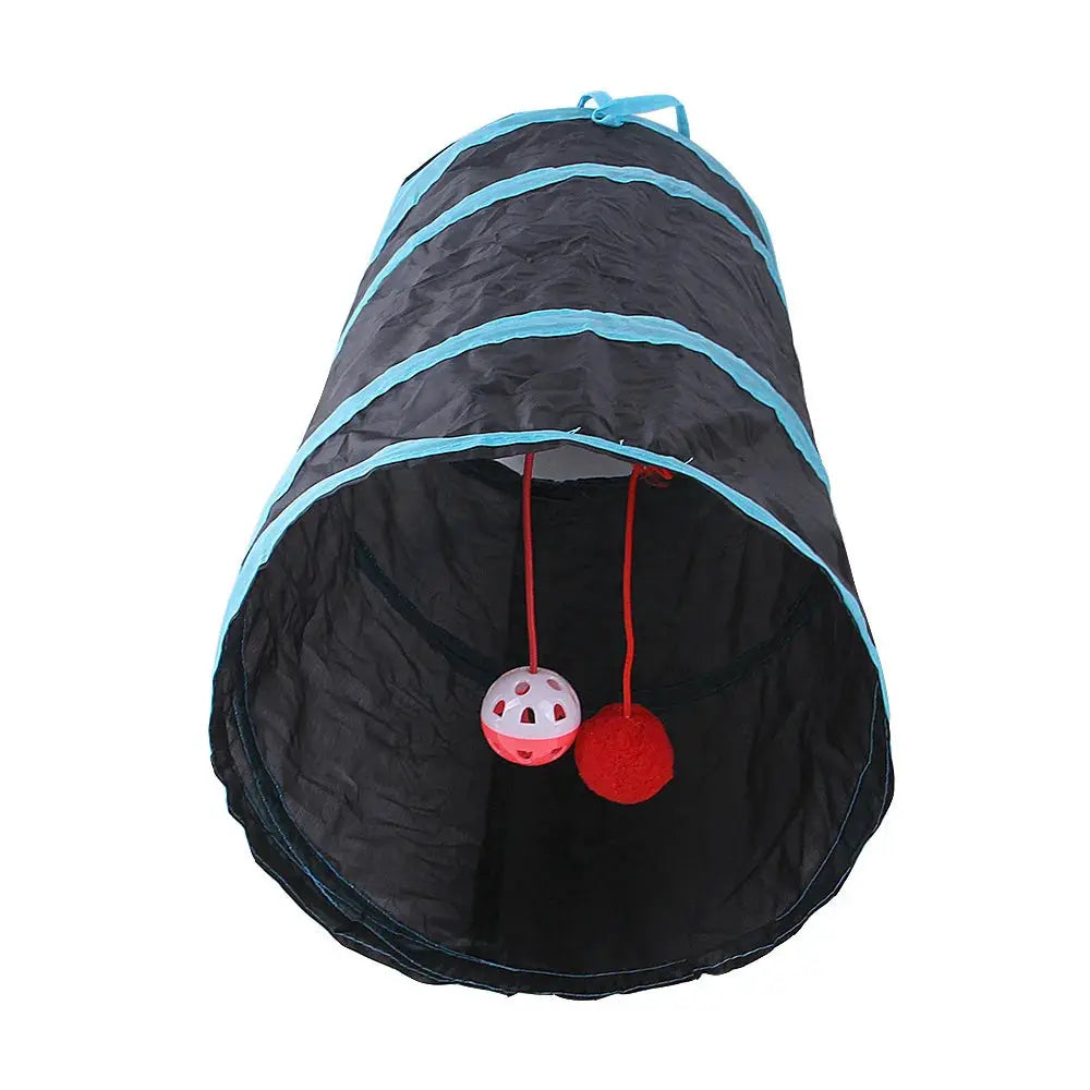 Cat tunnel, foldable play tunnel in black with blue trim, with red hanging ball toys