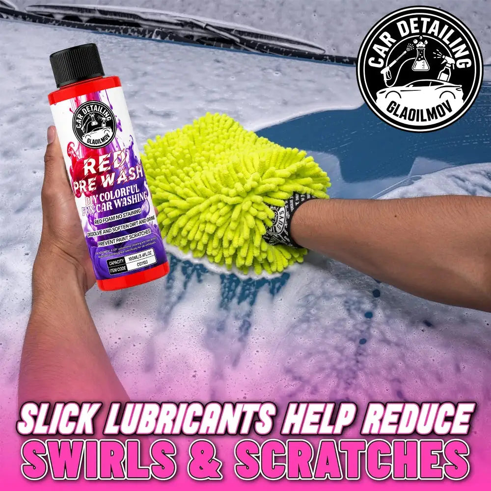 Car pre-wash foam shampoo bottle by Simples Market with red cap, colorful label, lime-green mitt, and Car Detailing logo