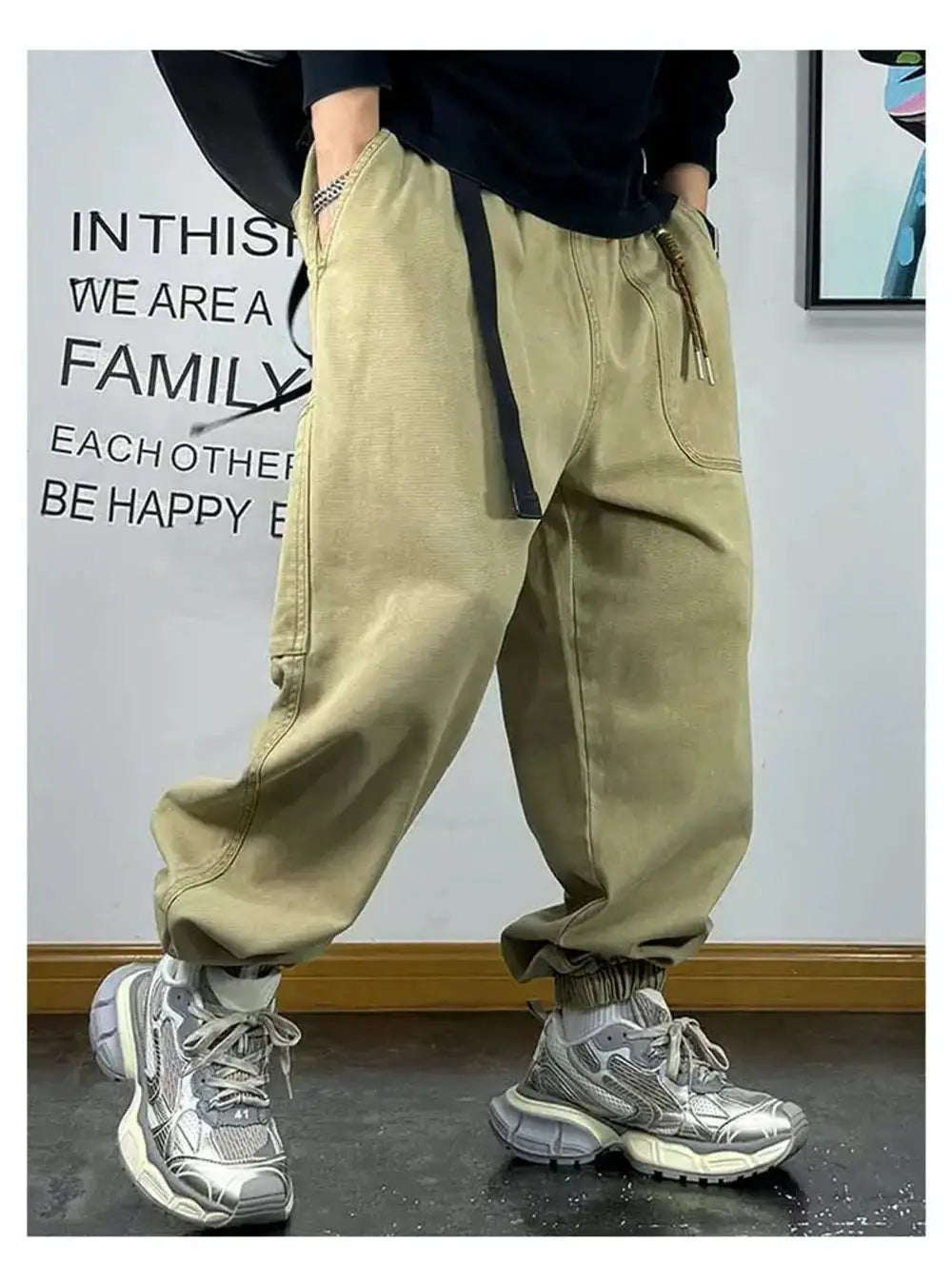 Baggy cargo pants by Simples Market in beige for men, Harajuku streetwear with drawstring waist