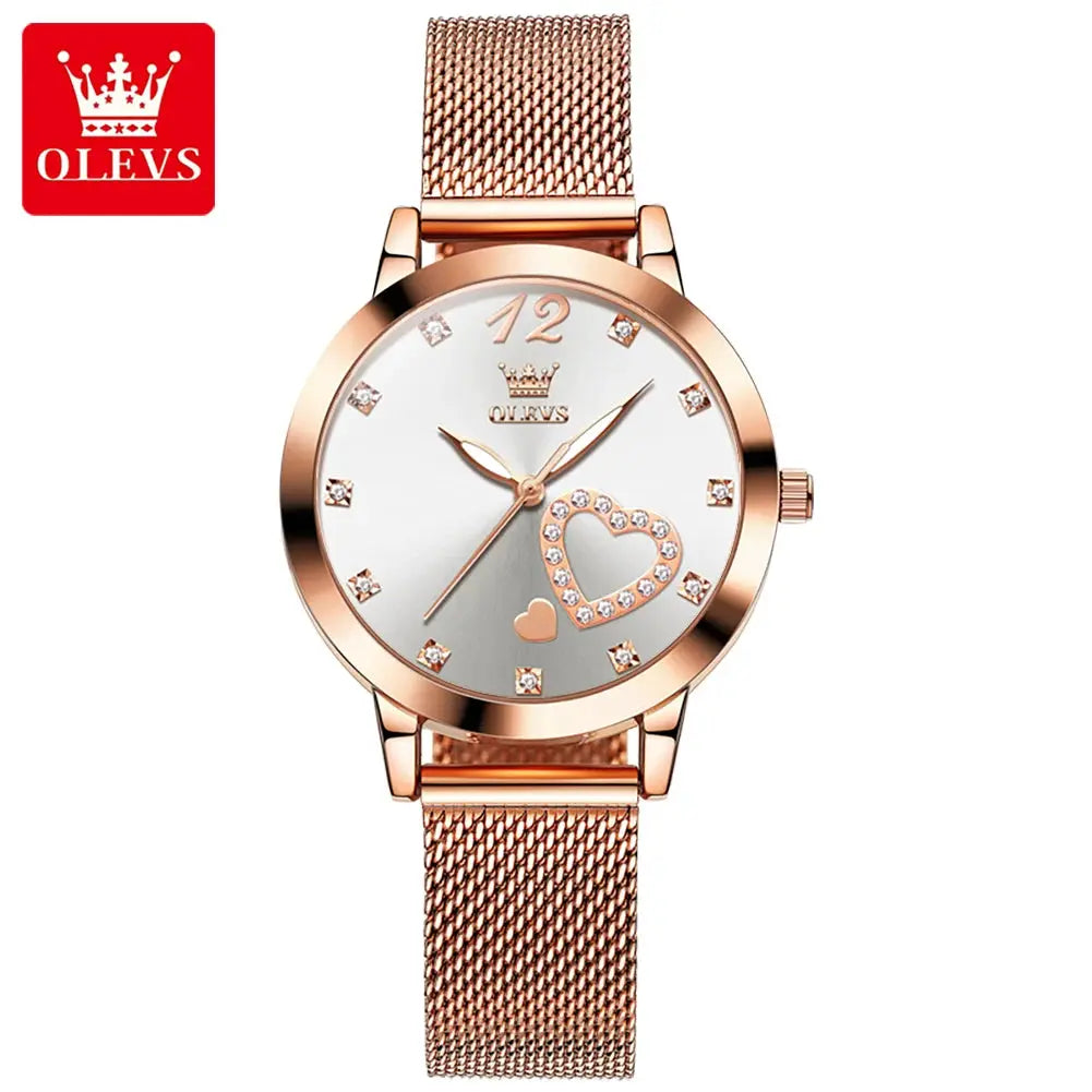 OLEVS women's quartz watch with rose-gold mesh strap, heart crystal motif, water-resistant, elegant fashion accessory
