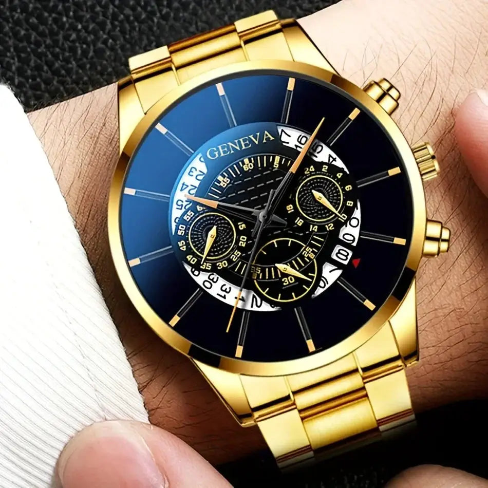 NovaTime Mens Quartz Watch Set 3Pc Stainless Steel Strap Circular Dial Date Function Electronic Drive