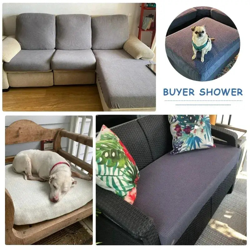 Waterproof sofa cushion cover collage; 4 Simples Market jacquard polar fleece covers in grey and purple