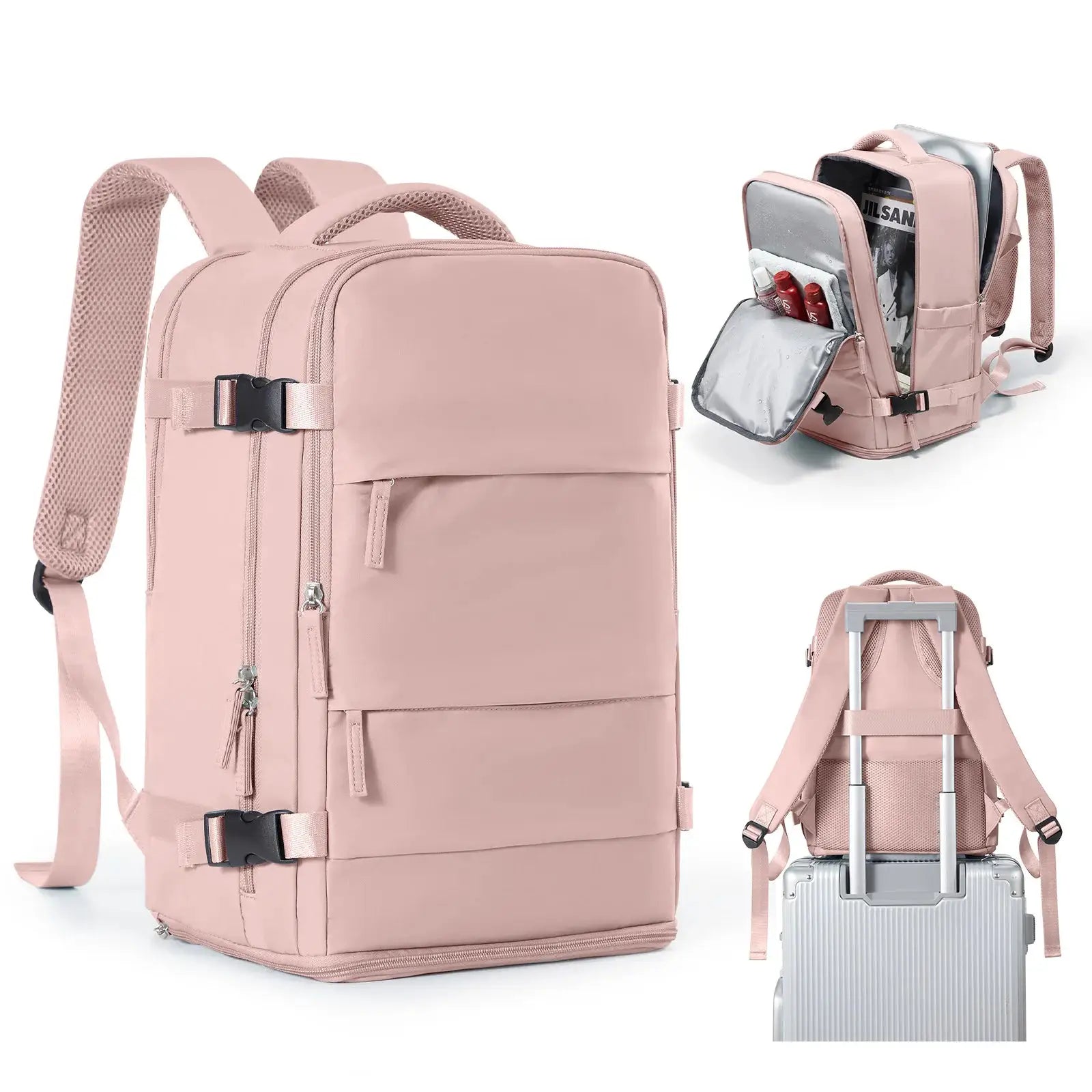Backpack by Simples Market; pink travel backpack with laptop sleeve, waterproof fabric, carry-on 40x30x20
