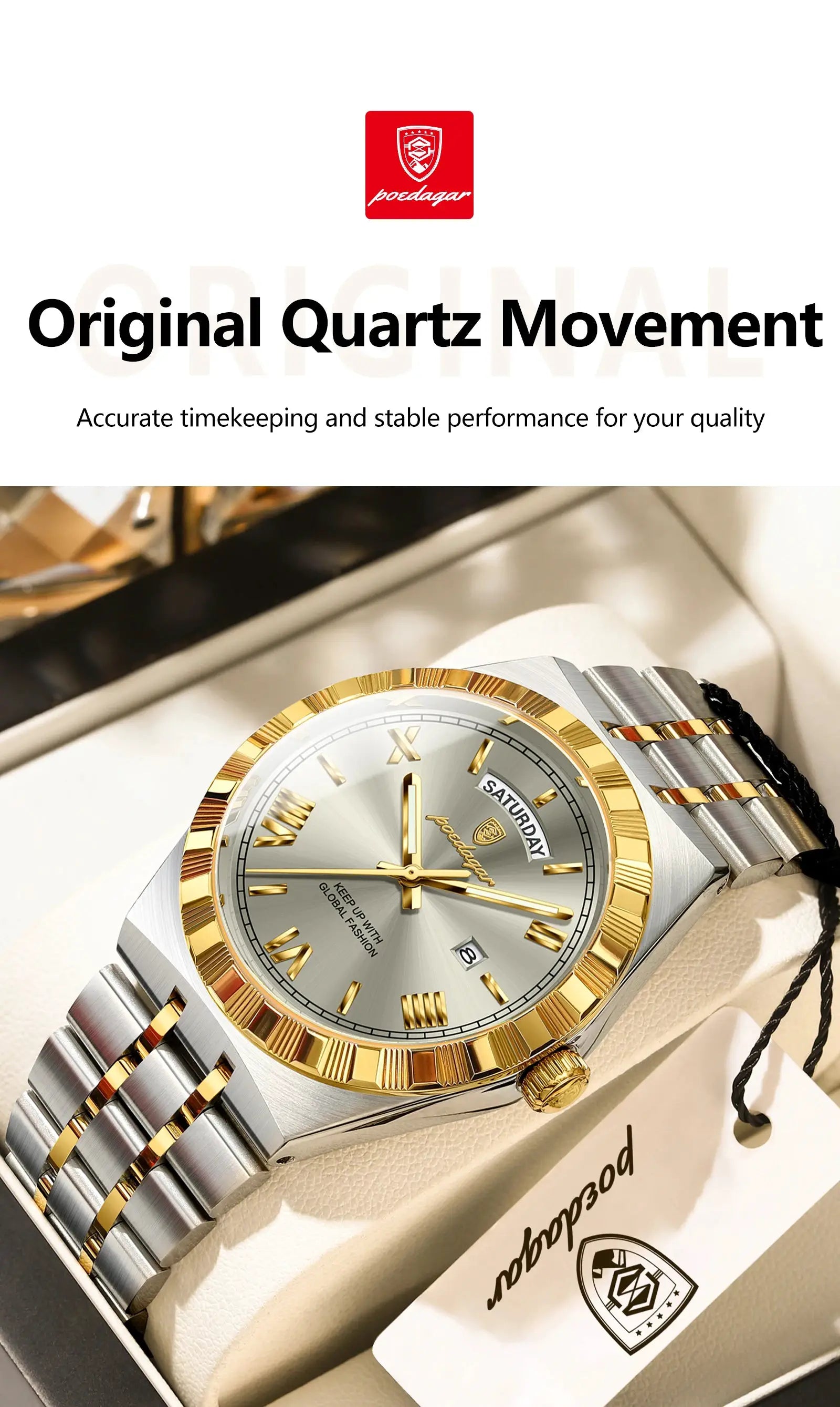 POEDAGAR men's stainless steel wristwatch with two-tone gold bezel, day/date window, quartz