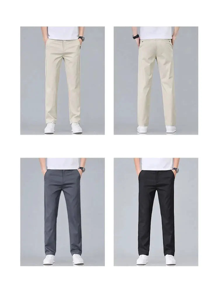 Men's slim-fit stretch-cotton casual pants, four color options: beige, khaki, gray, black