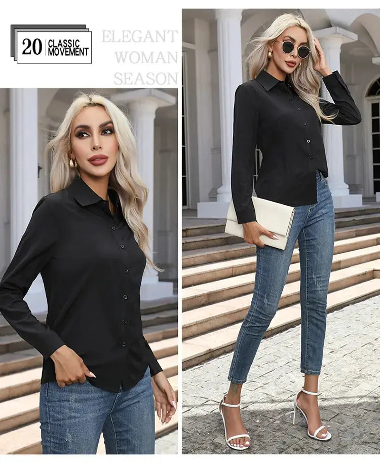 Women black chiffon button-down shirt blouse, long sleeves and turn-down collar, shown with blue jeans.