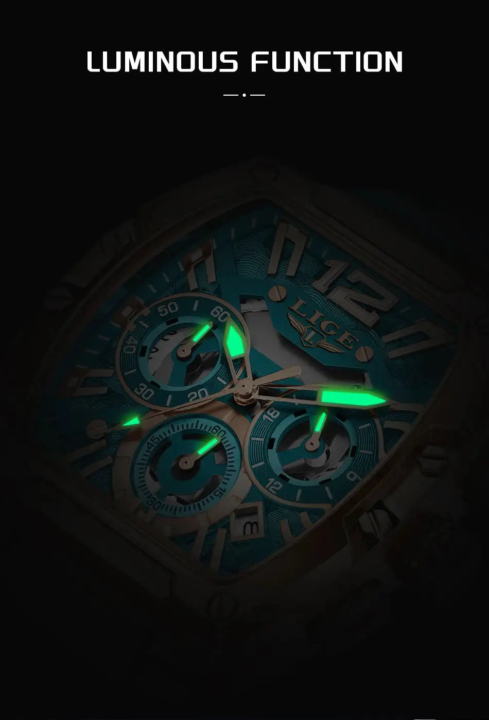 LIGE men's wristwatch with teal chronograph dial, green luminous hands, silicone strap