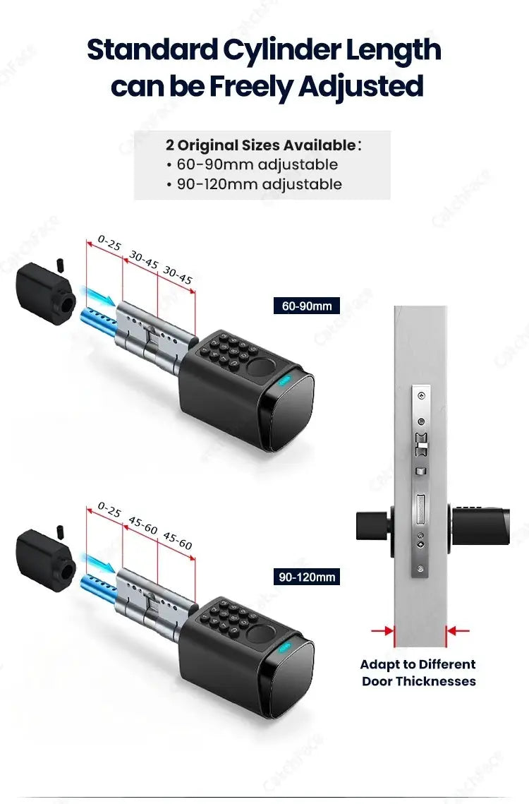 Simples Market IP66 waterproof smart door lock cylinder with fingerprint, password and RFID; black, adjustable 60-90mm/90-120mm
