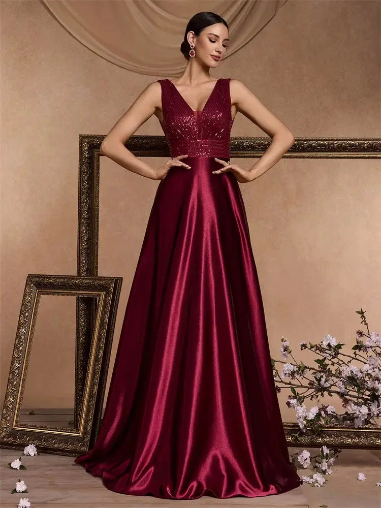 Emerald Green Sequin Evening Dress V Neck Satin Prom Floor Length