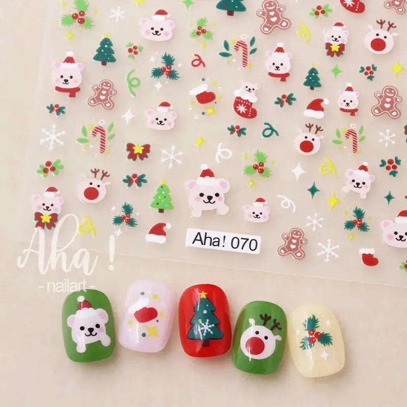 Winter Christmas multicolored nail sticker sheet featuring snowmen, snowflakes, trees and reindeer; self-adhesive deco