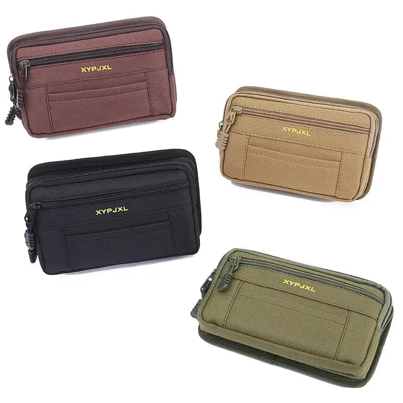 Set of four waist packs by XYPJXL for men, waterproof nylon tactical pouches in black, brown, tan, and olive.