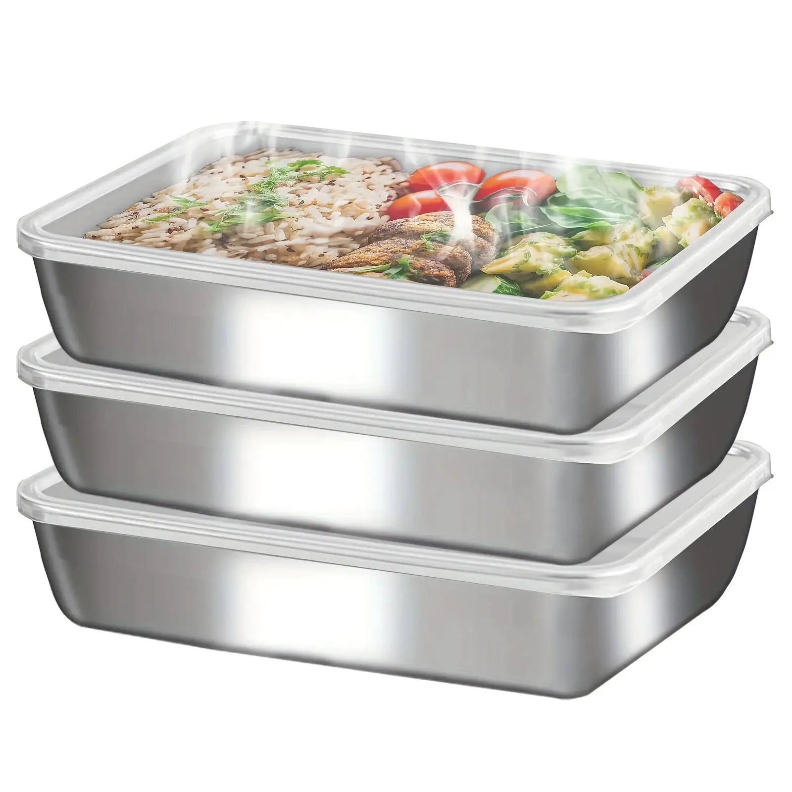 CuisineCraft 3 Piece Stainless Steel Food Containers Leakproof Stackable With Clear Lids For Camping And Meal Prep