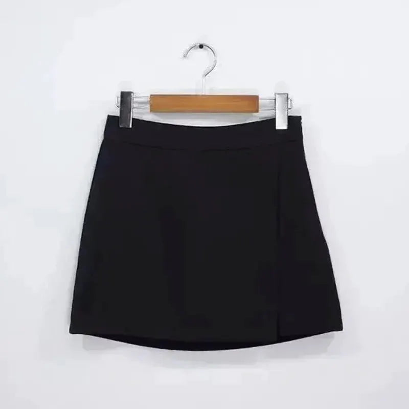 Black women's mini skirt, high-waist A-line silhouette with solid fabric and clean front.