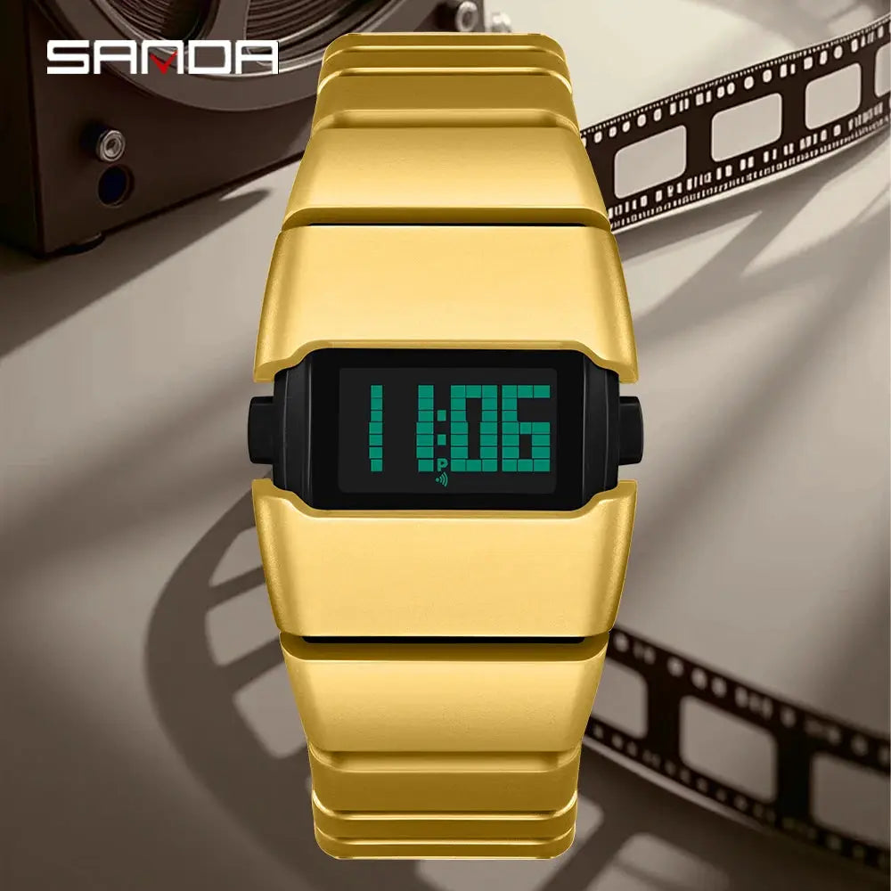 SANDA 9504 retro digital watch, gold-tone bracelet, green LED display; SAMDA logo
