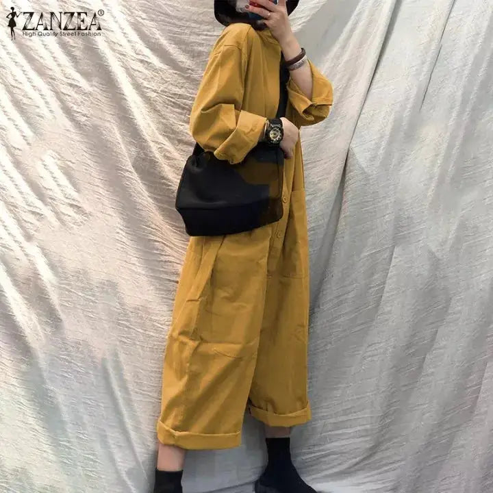 Jumpsuit by ZANZEA in mustard yellow, loose-fit with front pockets and rolled cuffs, long sleeves.