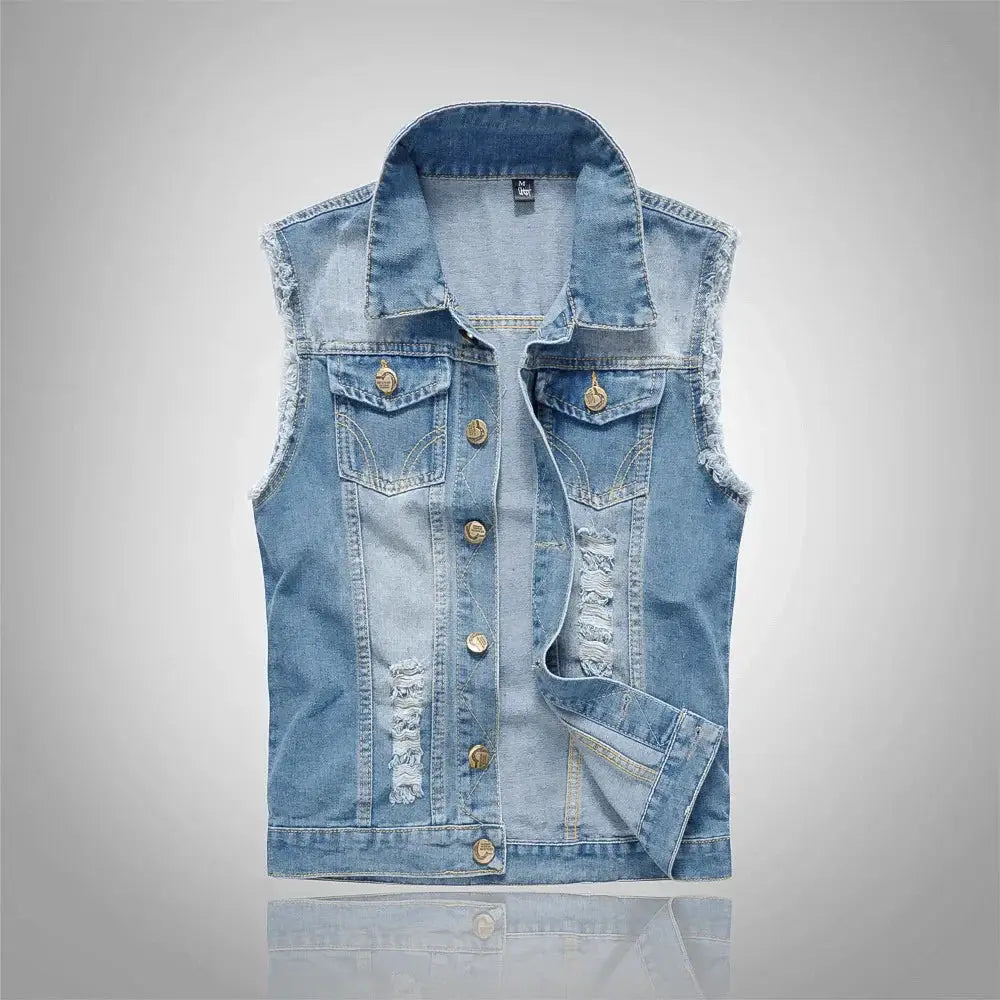 Men's light blue denim vest with ripped detailing, sleeveless waistcoat, button-front closure