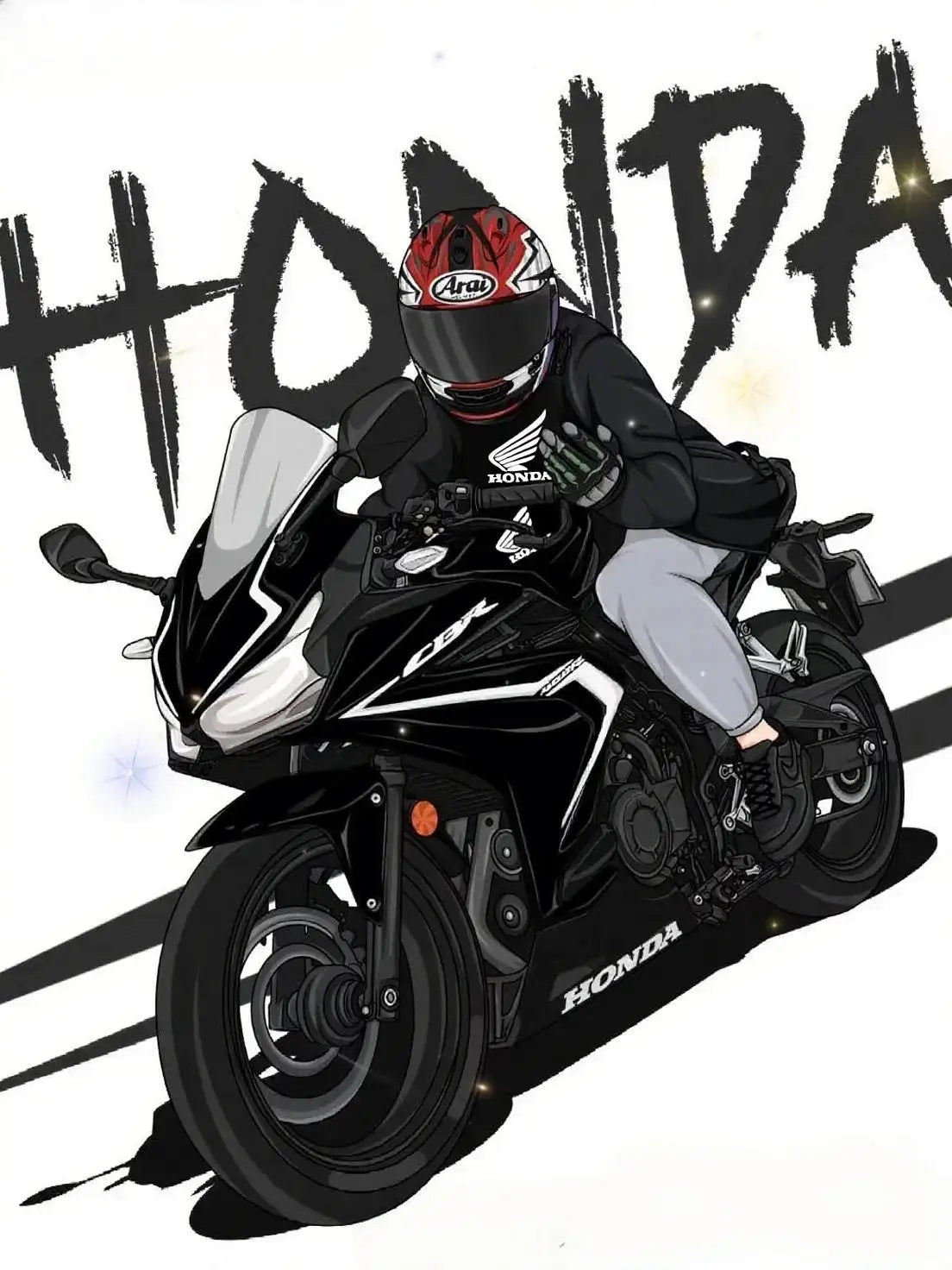 Motorcycle rider illustration on a black Honda CBR1000RR sport bike with Honda branding