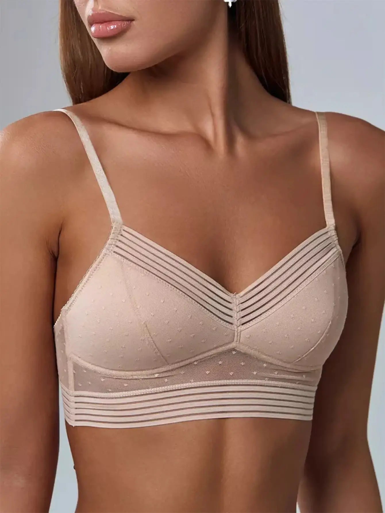 Simples Market nude beige bra with dotted mesh, striped band, thin adjustable straps