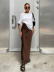 Brown satin trumpet skirt for women, high-waist, long office style