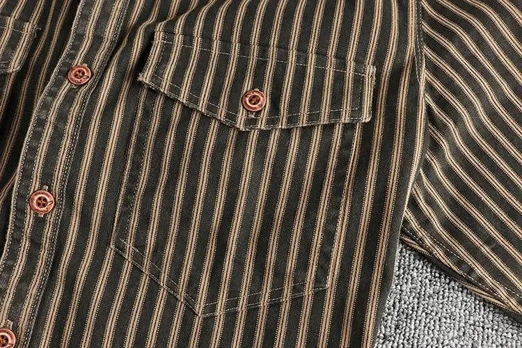 Simples Market men's striped long-sleeve shirt with chest pocket and brown buttons in retro American style