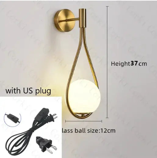 Nordic luxury glass-ball LED wall lamp in gold brass finish with teardrop frame, 37 cm tall, US plug, Simples Market