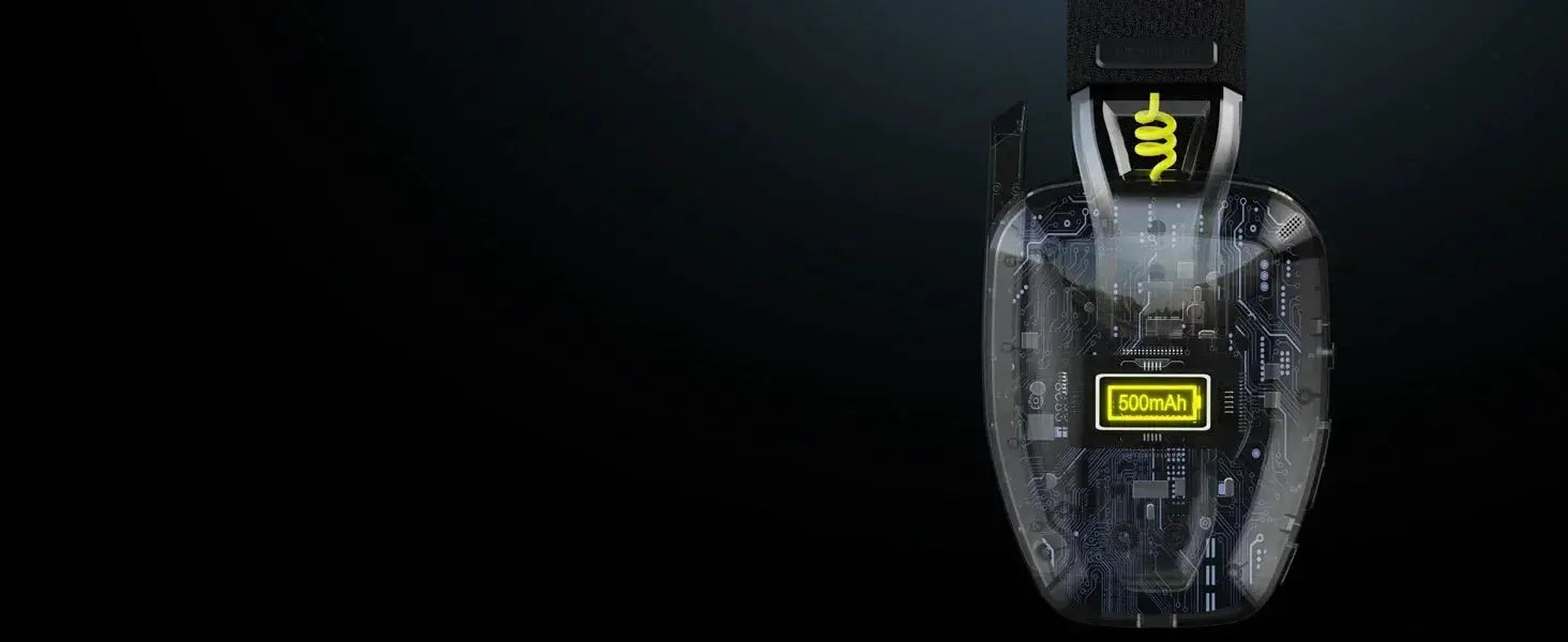 BINNUNE BW06 wireless gaming headset with mic, transparent shell showing internal circuitry and a 500mAh battery